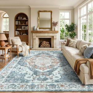 Area Rugs 9x12 Living Room Vintage Soft Washable Rug for Bedroom Light Blue