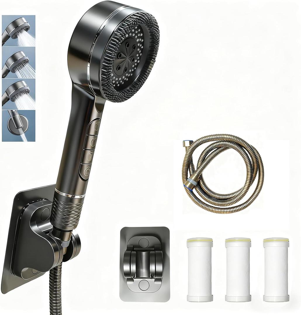 High Pressure IonDrops Filtered Shower Head - Water Softener Filter for Hard Water, 4 Spray Modes with ON/OFF Switch, 59" Hose for Pet Bath & Power Cleaning (Gray)