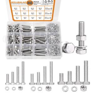448 pcs M5/M6/M8 Hex Head Nuts and Bolts Assortment Kit, 304 Stainless Steel Hex Metric Bolts Nuts Washers Kit with Flat & Lock Washers, 12 Metric Common Sizes Included