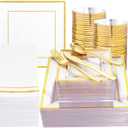 Festiva 350Pcs Clear Plastic Plates with Gold rim - Clear Gold Disposable Dinnerware for 50 Guests includeSquare Plastic Plates/Cups/Cutlery/Napkins Perfect for Birthday Party&Wedding