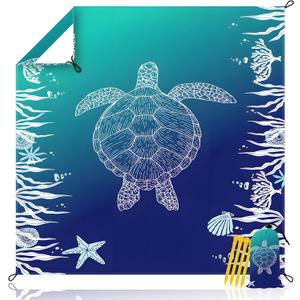 Beach Blanket Waterproof Sandproof Extra Large 80"x80" Sand Free Mat for 1-8 Adults, Quick Drying with 4 Stakes & Corner Pockets for Beach Travel Camping Picnic Hiking, Sea Turtle