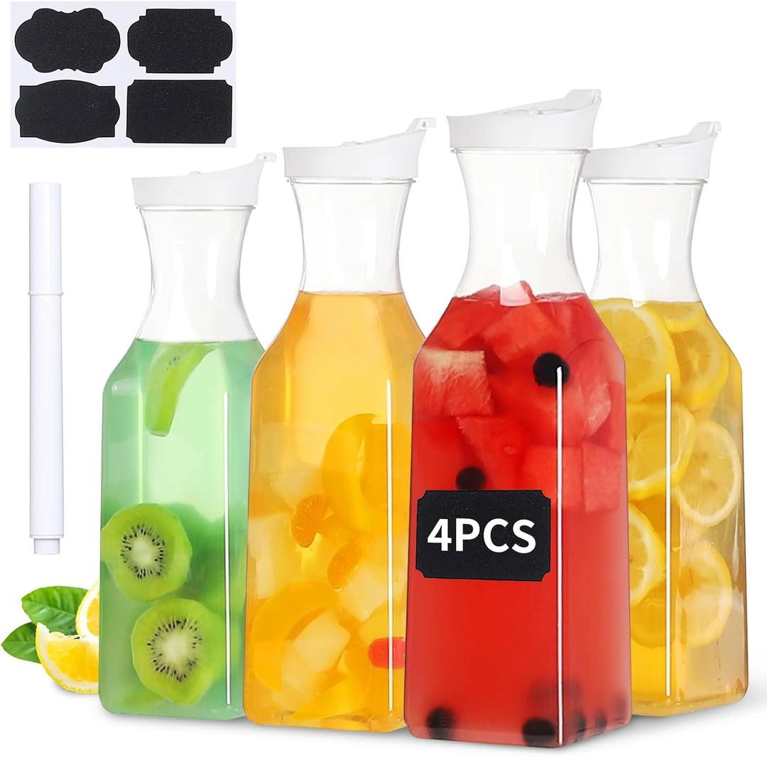 50 oz Plastic Carafe with Lid,4pcs Clear Beverage Milk Drink Container Square Base Clear Water Juice Holder for Mimosa Bar