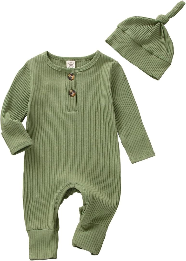 Infant Boys Girls Clothes Set Newborn Baby Romper Hat Ribbed Knit Long Sleeve Button Solid Bodysuit Jumpsuit (Green, 0-3 Months)