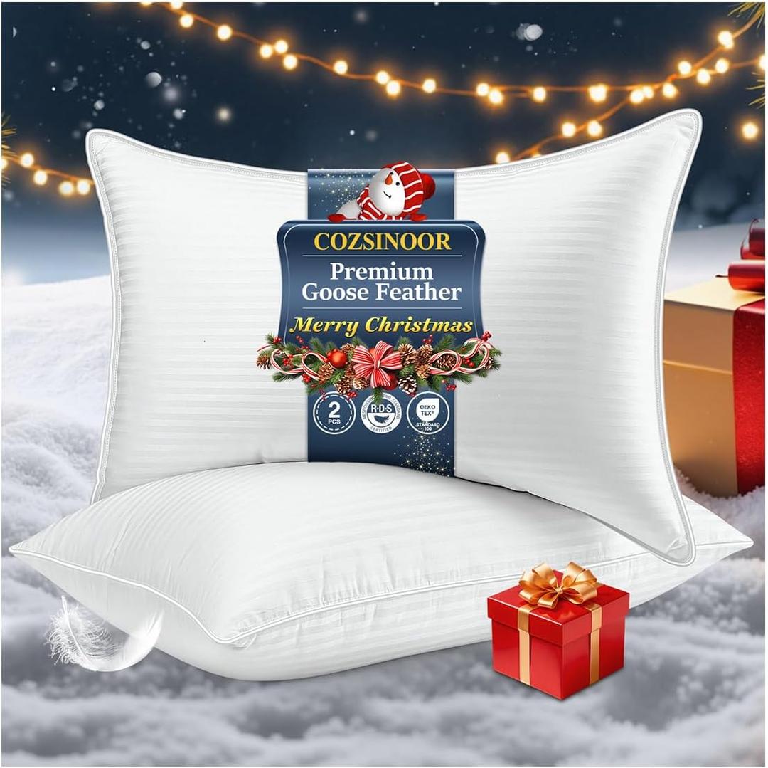 COZSINOOR Goose Down Feather Pillows Queen Size - Hotel Bed Pillow for Sleeping Set of 2, Soft 600 TC Cotton Cover, Fluffy Support Surround Fill Down Alternative for Back, Stomach, Side Sleepers