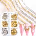 2 x Metal Nail Art Chains Decorations, Gold Silver Nail Art Line Accessories, Punk Luxury Pearl Gem Nail Art Glitter Design, 3D Nail Art Chain Supplies for Women Manicure Art, Resin Nail Art Tips Tools