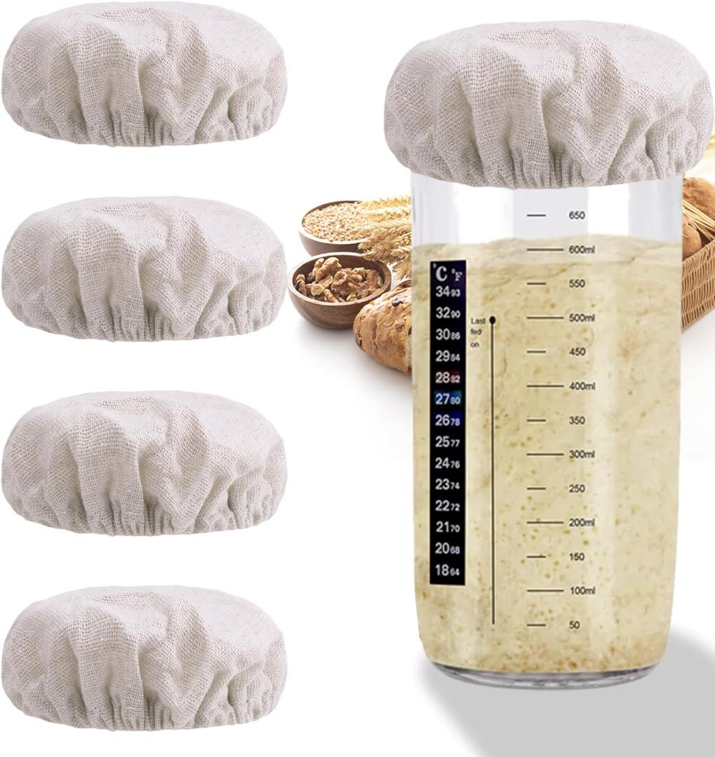 3 x Vodolo 100% Cotton Sourdough Jar Cover,5 PCS Reusable Sourdough Bread Proofing Starter Jar Cloth Covers for Most Glass Mason Sour Dough Crock