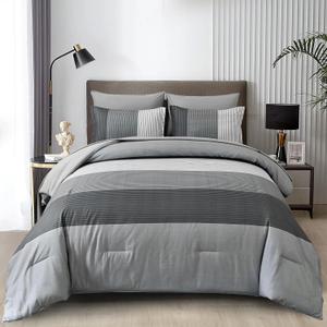 WONGS BEDDING Grey Comforter Set Queen, Reversible Grey Striped Patchwork Down Alternative Comforter for Queen Bed,3 Pieces (1 Comforter+2 Pillowcases), Boho Soft Microfiber Bedding Set 90"90"