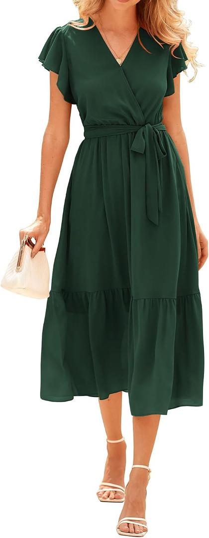 BTFBM Women Summer Bohemian Floral Casual Wrap V Neck Ruffle Cap Sleeveless Belt A-Line Pleated Hem Midi Sun Dress White (Green, L)