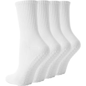 4 Pairs Pilates Socks with Grips for Women, Non Slip Yoga Athletic Ballet Barre Dance Workout Crew Socks (White)