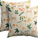 Deer Fall Pillow Covers 18x18 Set of 2 Green Cream Maple Leaf Autumn Outdoor Christmas Pillows Case Animal Print Pattern Decorative Xmas Cushion Cover Rustic Decoration Farmhouse Sofa Couch Bed Decor