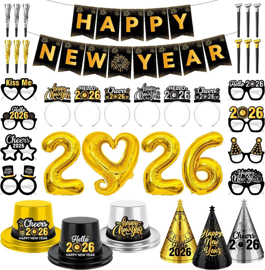 New Years Eve Party Supplies 2026 - 40PCS Happy New Years Decorations for 12 Guests Includes Banner,Gold 2026 Balloon,Hats,Tiaras and Squawkers for Nye 2026 Celebrations
