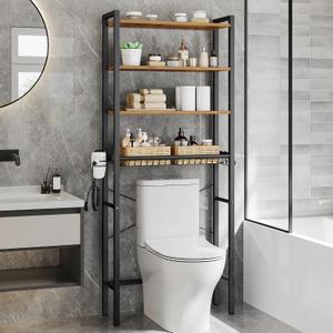 VASAGLE Over the Toilet Storage, Over Toilet Bathroom Organizer with Adjustable Shelves and Basket, 3 Hooks, Space Saving, 9.4 x 23.6 x 68.1 Inches, Rustic Brown UBTS114KD01S