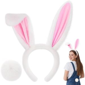 Shintop Bunny Ears Headband with Tail, Rabbit Hairband Bendable Animal Costume Accessories for Halloween Cosplay, Easter (White)
