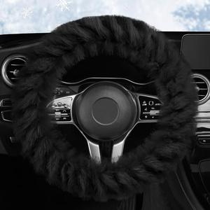 HighnessHwoo Fuzzy Winter Steering Wheel Cover for Women, Warm Cute Fluffy Car Wheel Cover for Sedan, SUV, Soft Furry Girly Auto Accessories, Plush Car Handle Cover for Cold Weather, 14-15in, Black