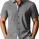 PJ PAUL JONES Untuckit Shirts for Men Short Sleeves Button Down Wrinkle Free Dress Shirts Casual Button Up Shirt Grey S (S)