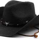 Straw Cowboy Hats Straw Cowgirl Hat for Women Men Wide with Shapeable Wide Brim Foldable Vacation Beach Sun Hat (One Size, Black)