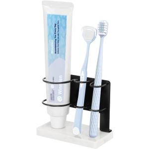 Toothbrush Holder for Bathroom Counter, Metal Toothbrush and Toothpaste Holder Stand with Marble Base for Bath Organizer Countertop, 3 Slots (Matte Black)