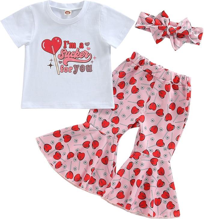 wybzd Baby Girl Valentines Day Outfit Heart Candy Tee Shirt Top Bell-Bottom Pants Sets Cute Toddler Clothes Heart Candy 2-3T
