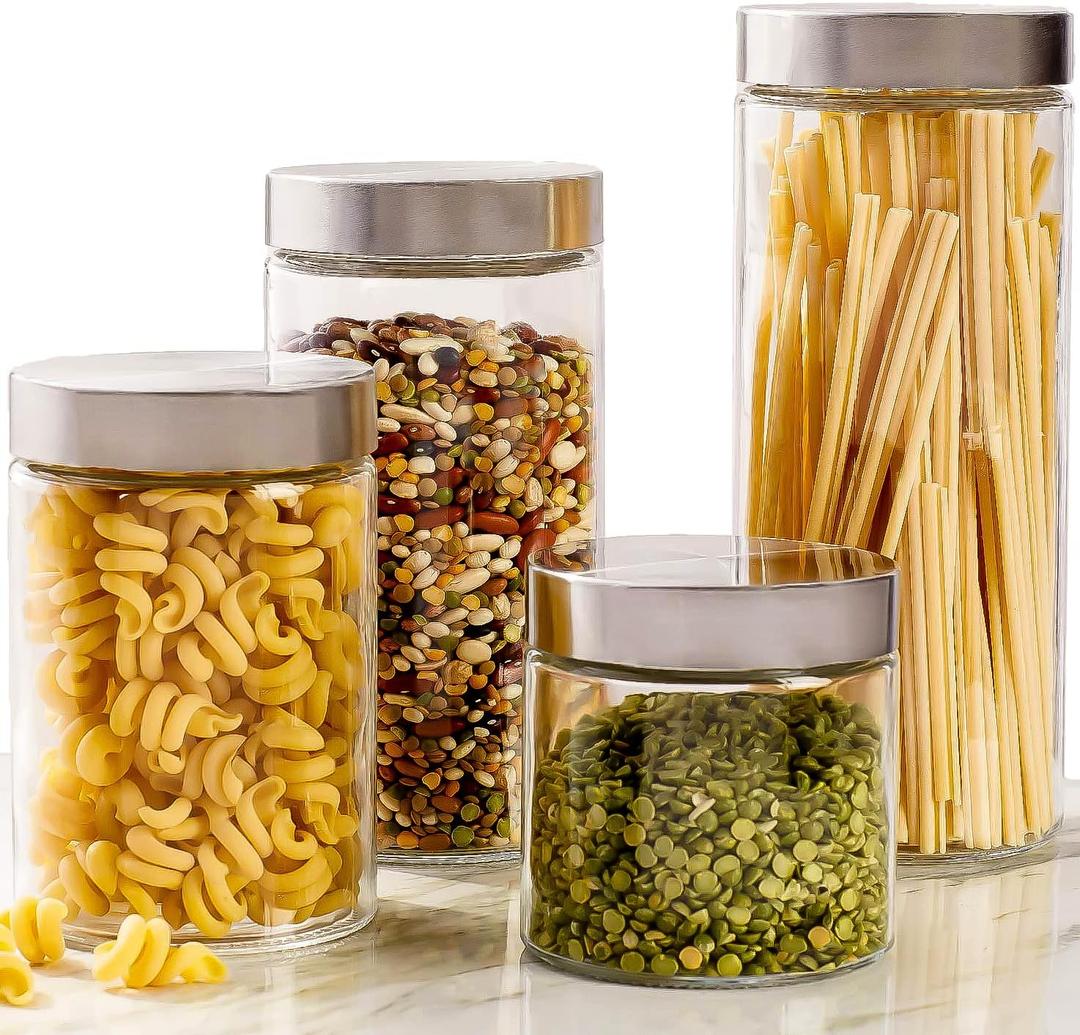 4pc Canister Sets for Kitchen Counter or Bathroom + Labels & Marker, Glass Cookie Jars with Airtight Lids - Food Storage Containers with Lids Airtight for Pantry - Flour, Sugar, Coffee, Cookies, etc.