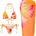 ZAFUL Women's 3 Piece Swimsuit Floral Halter Triangle String Bikini Tie Side Bottom with Boho Cover Up Skirt (10-orange), Size M