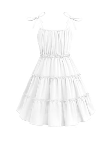 Arshiner Girls' Summer Sundress White Boho Spaghetti Strap Ruffled Tiered Midi Dresses Casual Cami Dress, Size 7-8Y