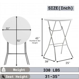BTEXPERT Set of 1, White 2.63' Round Bar Height Folding Table 330lb Weight Capacity Commercial Indoor Outdoor Portable Banquet Patio Backyard Dining Wedding Party Events Home Thick Top Metal Frame