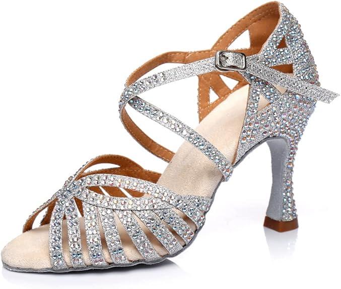TINRYMX Women Latin Dance Shoes Rhinestones Sparkly Ballroom Salsa Performance Party Dancing Heels,Model-L432/L506, Size 7