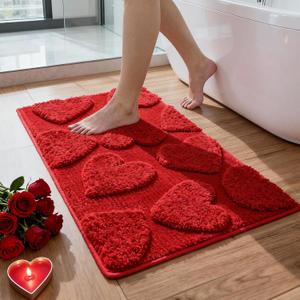 Lyrow Red Valentine Bathroom Rugs Decorations 3D Heart Bathroom Rugs Valentine's Day Non Slip Door Mat for Front Door Outdoor Home Decor, 29 x 17 Inches