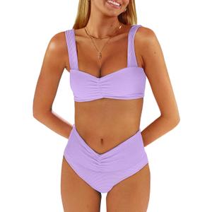 ANRABESS Bathing Suit for Women Tummy Control Bikini Set 2025 Beach Front Ruched Mid Waist Swimsuit with Adjustable Straps (Medium, Light Purple)