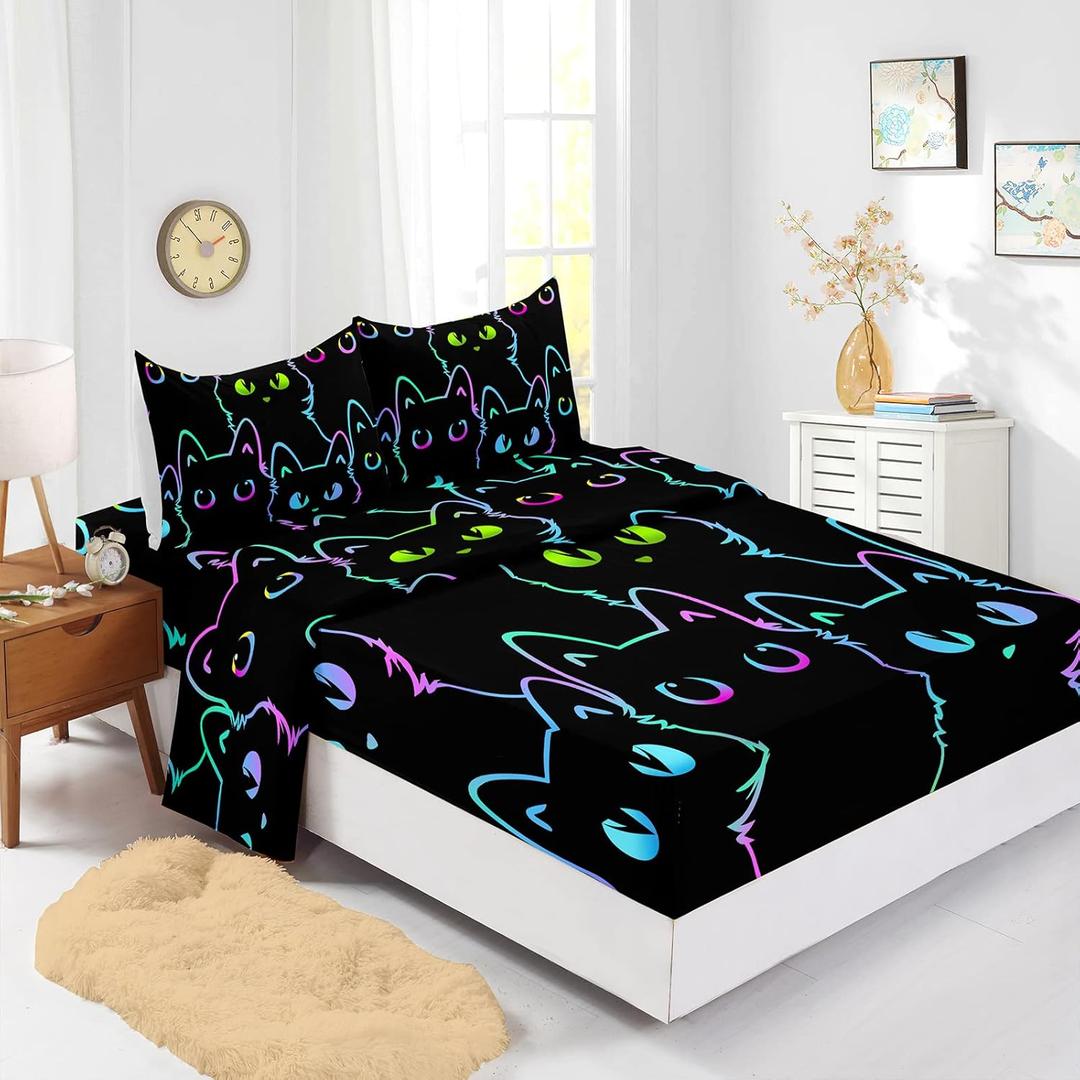 BailiPromise Cute Cartoon Cat Sheets Set Twin Size,Kawaii Simple Strokes Animals Kids Bed Sheets with Pillowcase,Cot Sheets Fitted Sheet with 16" Deep Pocket,for Girls Boys Teen Bedding 4 Piece Set