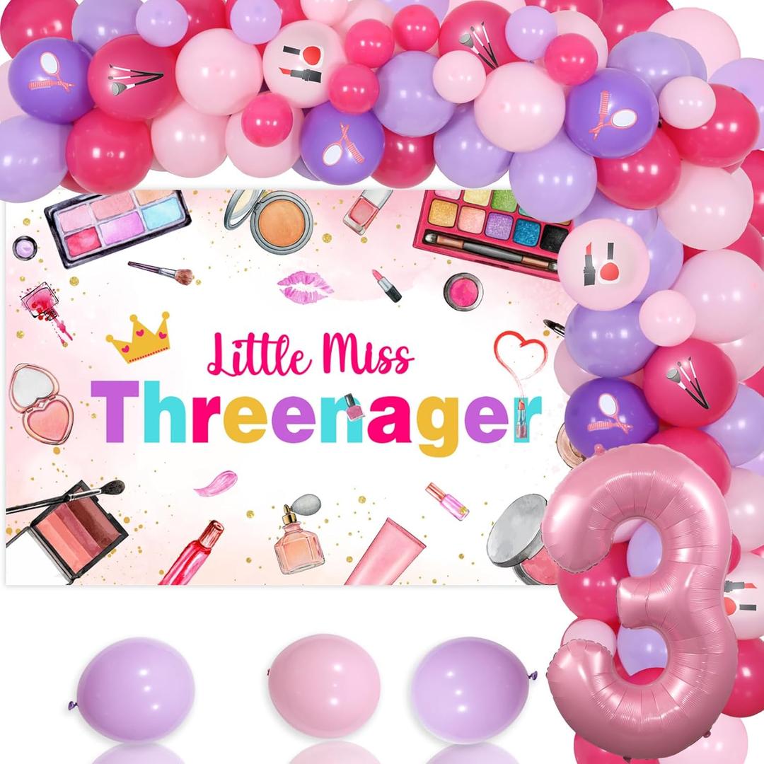 Little Miss Threenager Birthday Decorations, 3rd Birthday Decorations for Girls, Makeup Balloon Arch Kit with Kids Spa Party Balloons Backdrop, Number 3 Foil Balloon for 3 Year Old Girl