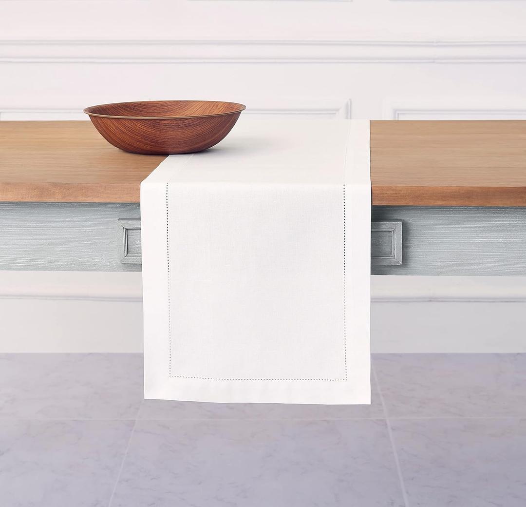 Solino Home White Table Runner 48 Inches - Cotton Linen Hemstitch Coffee Table Runner 14 x 48 Inch Ideal for Dresser Tables - Summer