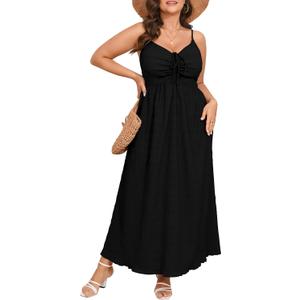 SHESTARR Women's Plus Size Summer Dress Spaghetti Strap Sleeveless Sweetheart Neck Swing A Line Maxi Long Dress (Black, XL)
