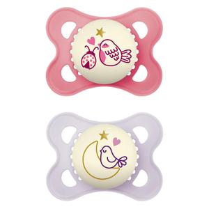 MAM Original Night, Binky for 0-6 Months, BPA-Free Silicone, Glows in The Dark, Best for Newborn Babies, Developed with Medical Experts, 2 Count Binkies, with Sterilizer Case (Pink / Purple)