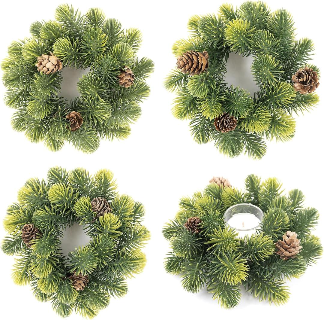4 Pack Small Christmas Wreath, Mini Wreaths with Pine Needles and Pine Cones, Artificial Ring Wreaths Hanging Decoration Garlands for Home Table Kitchen Window Chair Wall Front Door