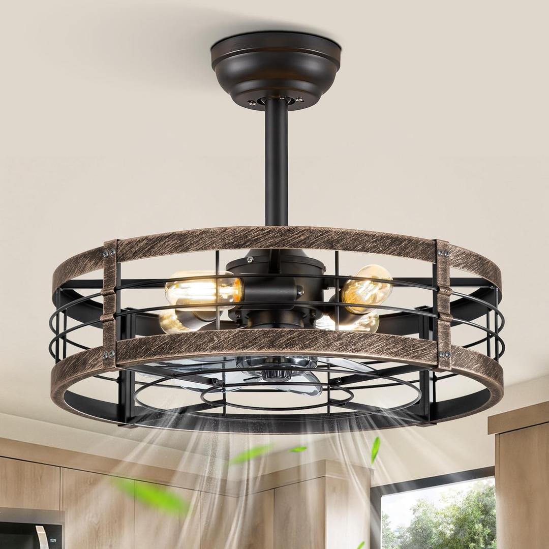 LEDIARY 20 Inch Fandelier Caged Ceiling Fan with Light, Bladeless Ceiling Fan with Remote, Small Farmhouse Fan Lights Ceiling Fixtures for Kitchen, Bedroom-Black and Gold
