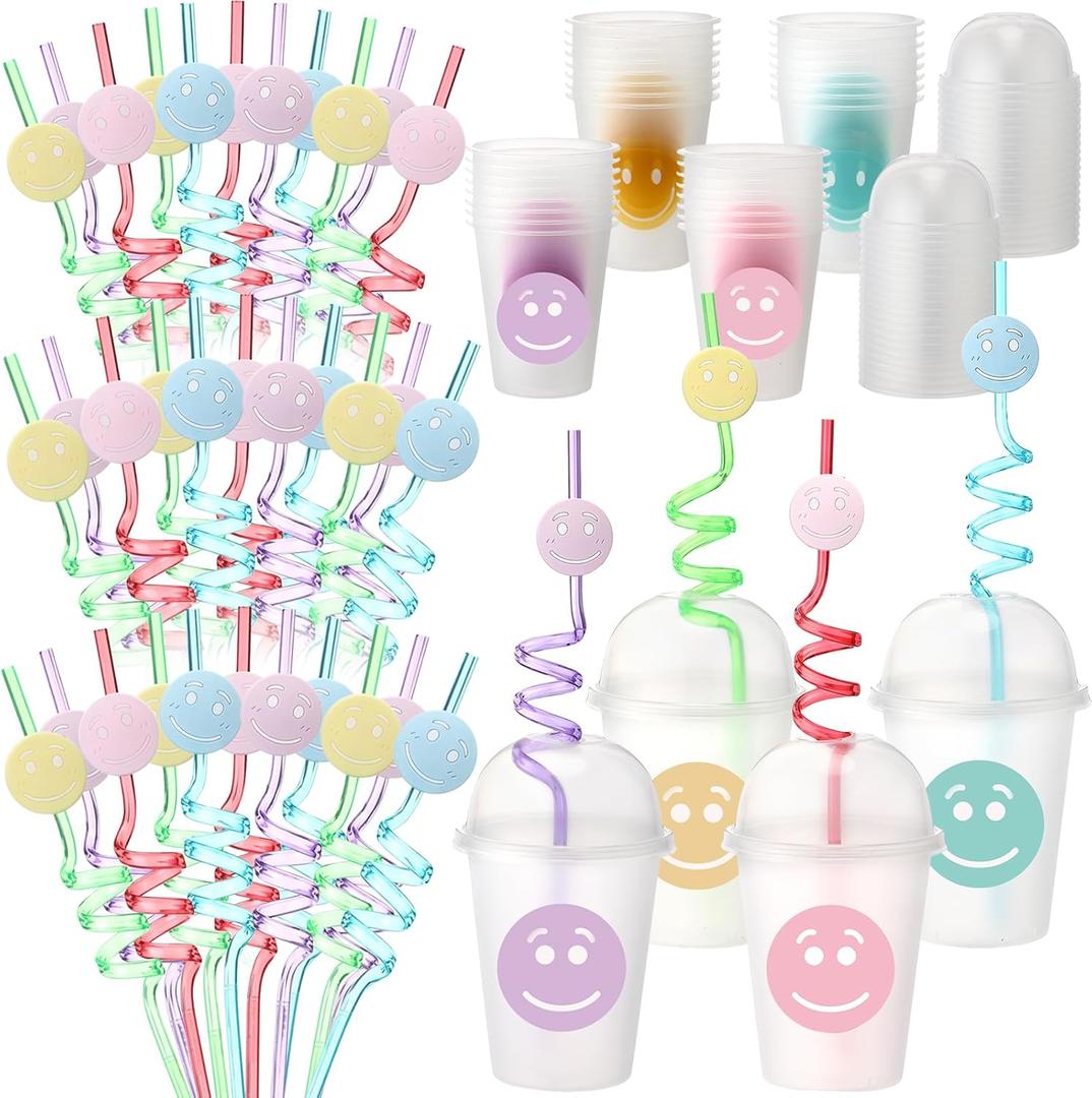 Yaomiao Smile Face Sipper Cups with Straws and Lids, 12 oz Clear Plastic Cups Happy Face Party Cups with Dome Lids Happy Party Favors for Kids, Tea, Coffee, Smoothie, Cold Drinks(32 Pack)