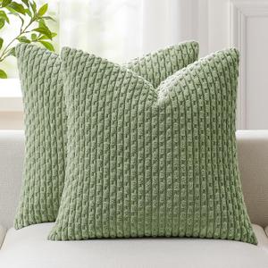 Kevin Textile 2 Packs Spring Decorative Throw Pillow Covers 16x16 Inch for Living Room Couch Bed Sofa Soft Striped Corduroy Square Cushion Case 40x40 cm Farmhouse Boho Home Decor Sage Green