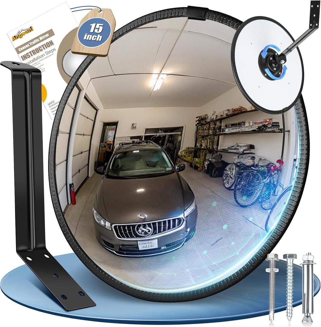 Angooni 15" HD Convex Traffic Mirror - Freely Adjustable Blind Spot Mirror, Heavy Acrylic Mirrors - Security Mirrors for Driveway, Garage Parking, Office, 15IN