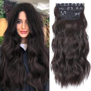 Clip in Hair Extensions 4PCS Brown Black Thick Hair Piece 20 Inches Long Wavy Clip in Extensions Full Head Synthetic Hairpieces for Women (4pcs, 20Inch, 4#)