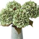 mizii 4Pcs Green Artificial Hydrangea Flowers Large Fake Silk Hydrangea Flower with Leaves Stems Realistic Faux Hydrangeas Decorations for Wedding Table Centerpieces Vase Home Decor (Green)