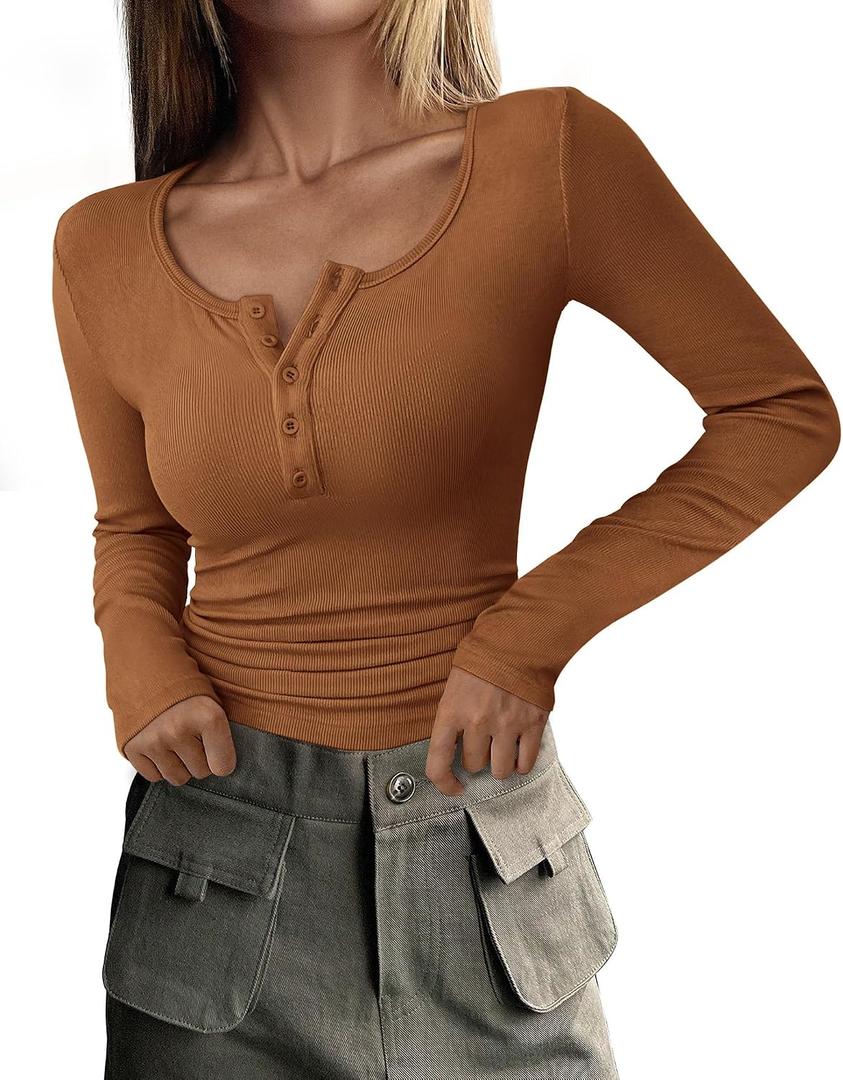 PRETTYGARDEN Women's 2026 Fall Long Sleeve Henley T Shirts Button Ribbed Knit Slim Fit Basic Tops Blouse Casual Outfits (Khaki, X-Large)