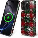Case for iPhone 16 Pro Max [Compatible with MagSafe], Glossy Soft Silicone + Hard PC Anti-Scratch Shockproof Protective 2-in-1 Case for Women Men - Christmas Plaid Snow Floral
