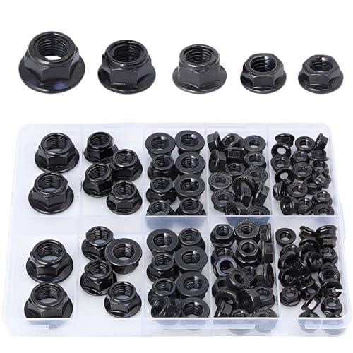GOFIRA M5 M6 M8 M10 M12 Hex Flange Nuts Assortment Kit 103PCS,1.25mm Serrated (M8 M10 M12 Self-Locking)