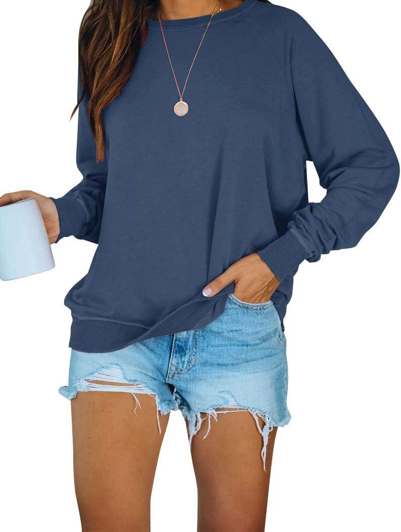 PRETTODAY Women's Casual Crew Neck Sweatshirts Raglan Long Sleeve Solid Tunic Tops Loose Pullovers (Large, Blue)
