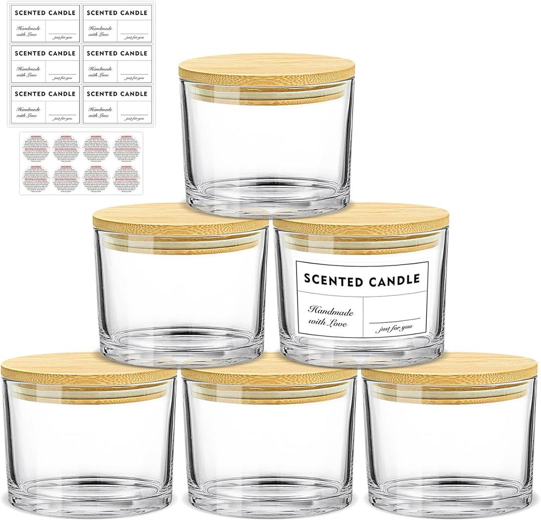 16oz Candle Jars 6 Pack - 3 Wick Large Empty Clear Glass Candle Making Vessels with Bamboo Lids, with Stickers and Labels, Bulk Candle Jars for Making Candles Containers - Dishwasher Safe