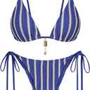 ZAFUL Crochet Bikini Sets for Women Cheeky Boho Bathing Suits Striped Brazilian High Cut Thong Bikini Swimsuit for Vacation (S)