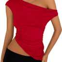 PRETTYGARDEN Womens 2026 Summer Off The Shoulder Crop Tops Sleeveless One Shoulder Ruched Asymmetrical Y2K Going Out Tank Top (Red, S)