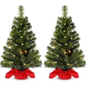 Jenaai 2 Pack Lighted Artificial Mini Christmas Tree 24 Inch Tabletop Christmas Tree with 50 LED Lights, Battery Operated Small Xmas Decoration Home Decor Outdoor Indoor