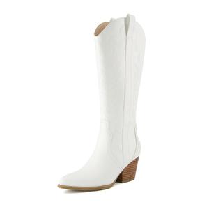 Arromic Cowboy Boots for Women Comfortable Womens Embroidered Western Cowgirl Knee High Boots Pointed Toe Zipper Chunky Heel Country Outfit Retro Tall Boots 7